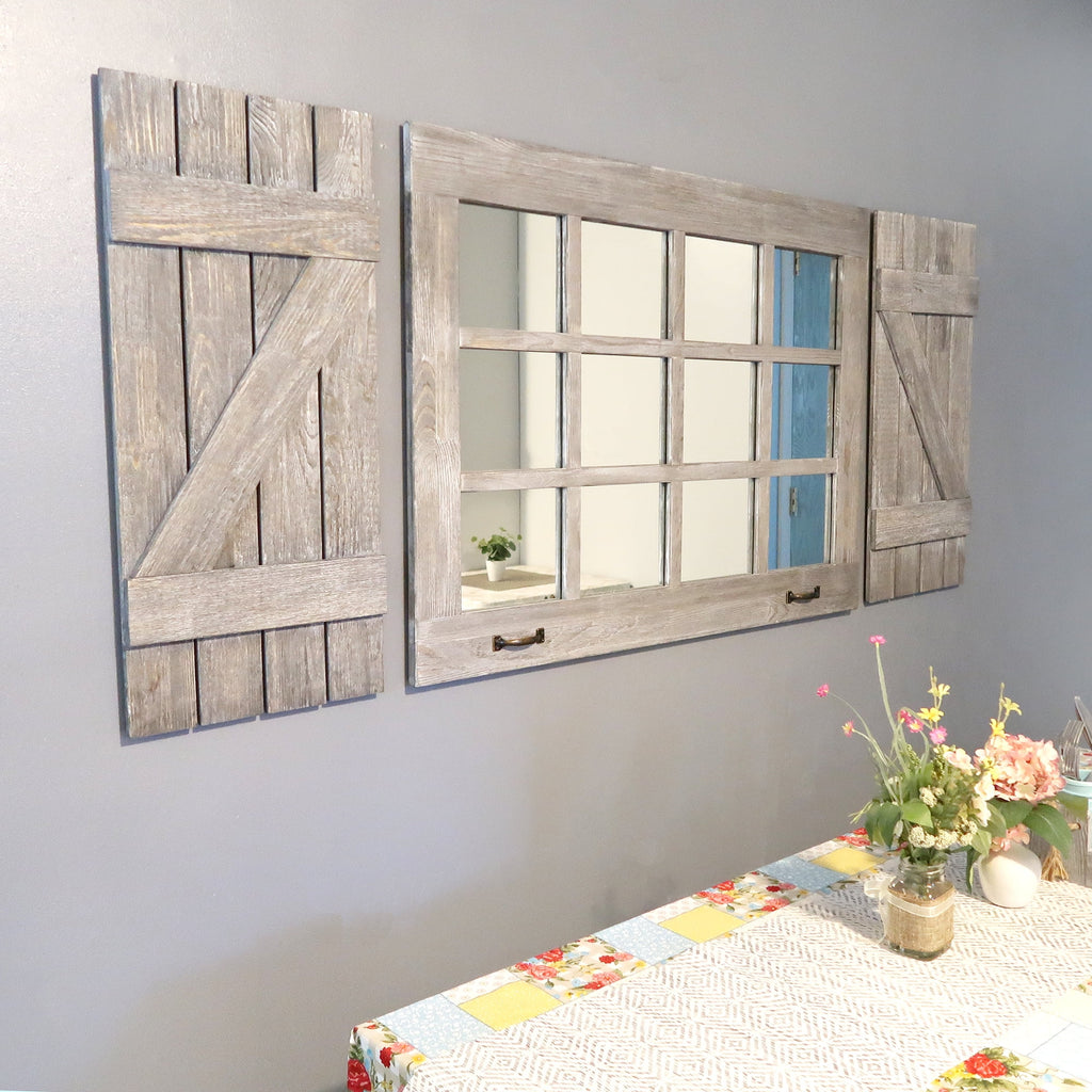 Large Distressed Wood Windowpane Mirror with Shutters Q4459