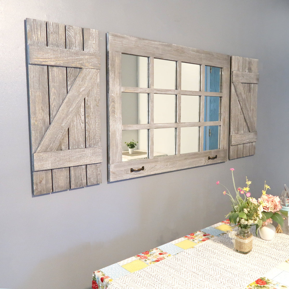 Large Distressed Wood Windowpane Mirror with Shutters Q4459