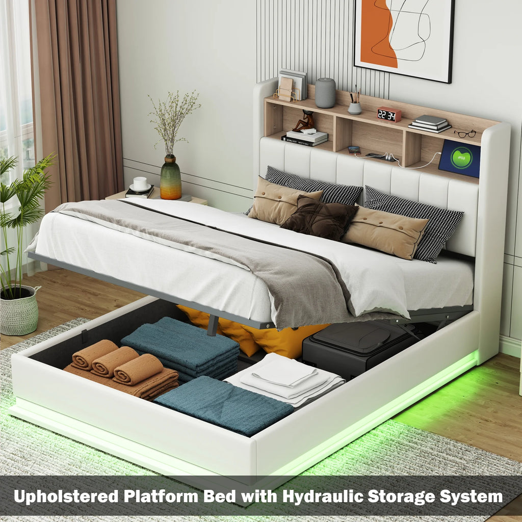 Black Full Size PU Upholstered Platform Bed with Storage Headboard M6937