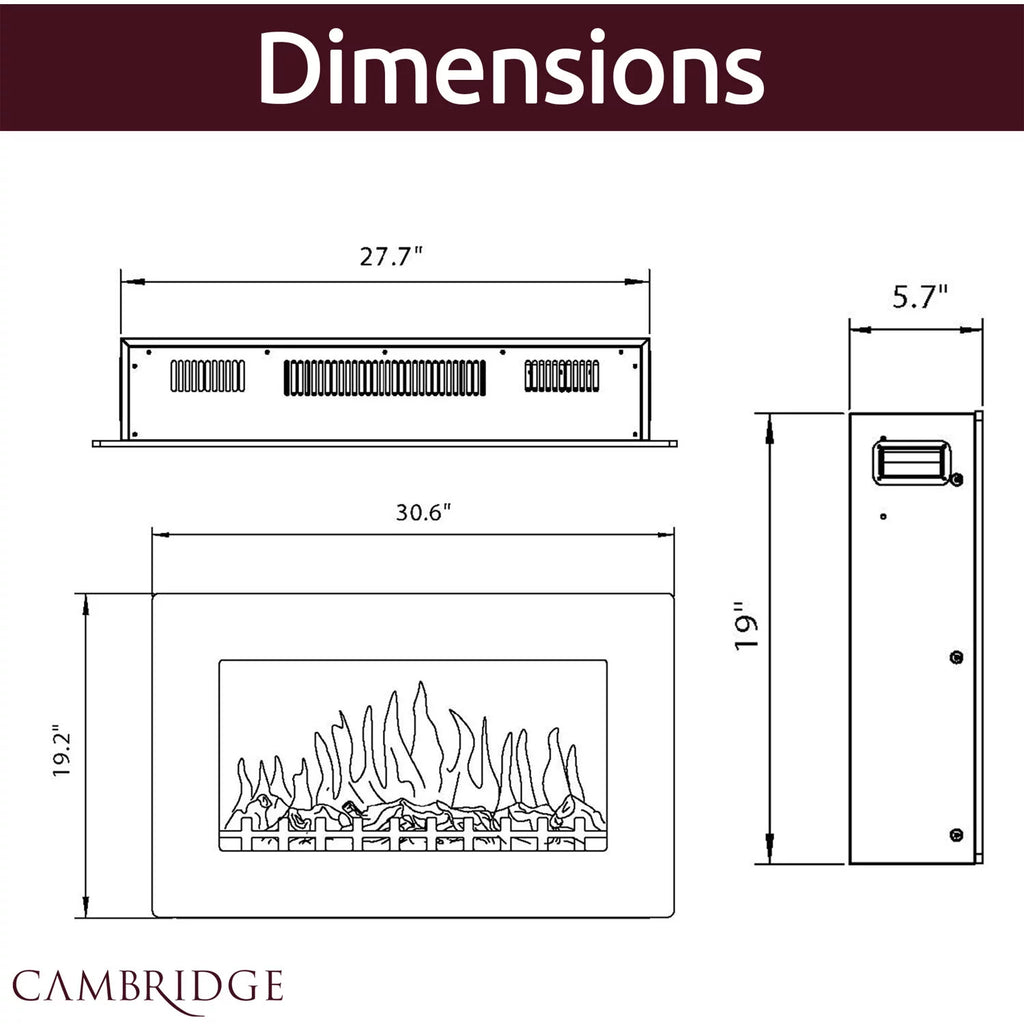 30" Wall-Mount Electronic Fireplace with Flat Panel and Crystal Rocks T6293