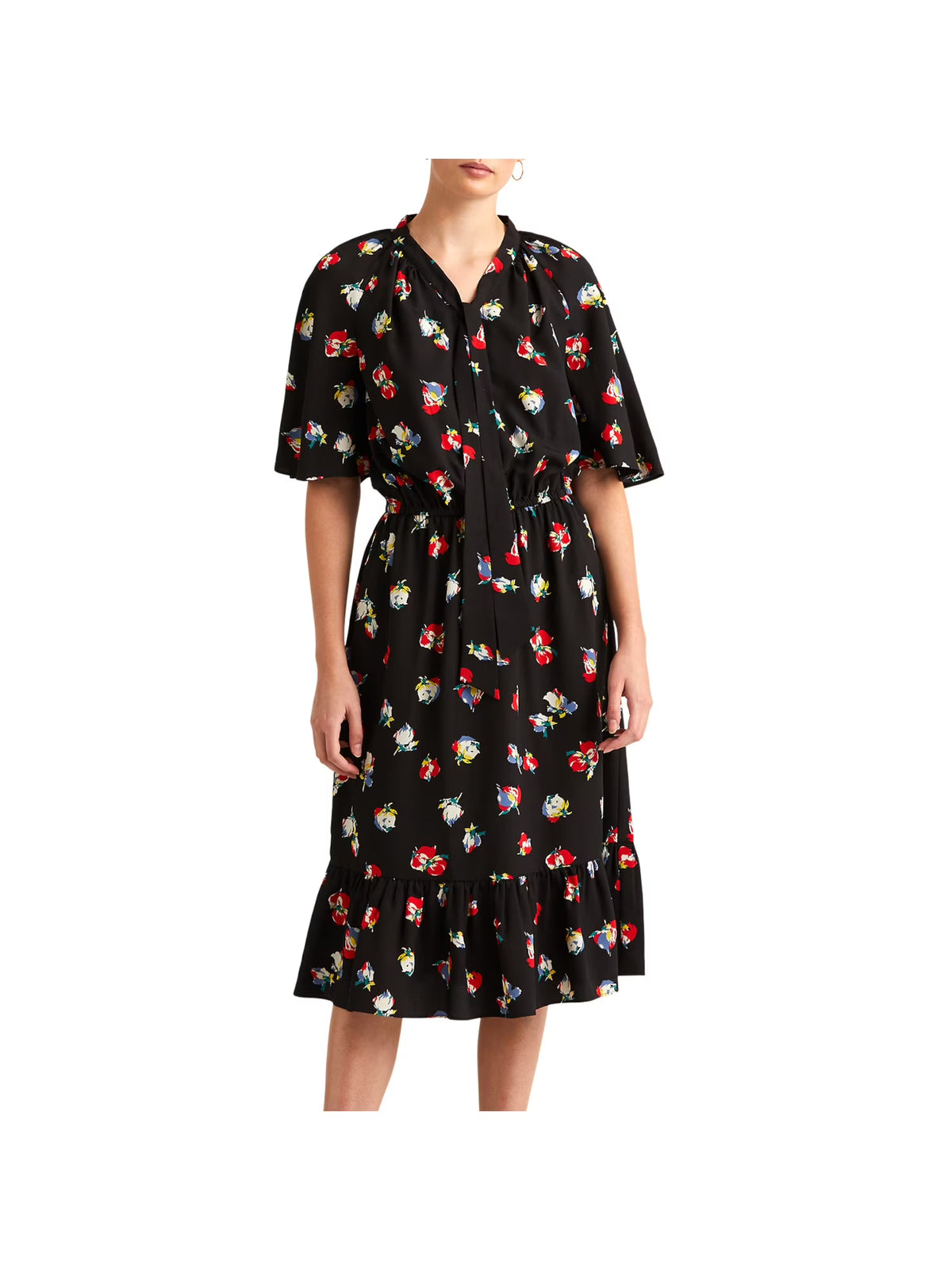 Black Ruffled Floral Flutter Sleeve Fit + Flare Dress N96121