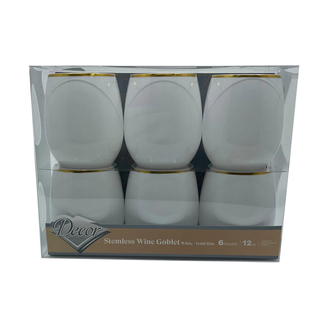 Stemless Plastic Wine Goblet 12 oz White Gold Rim Pack of 6 Z5554