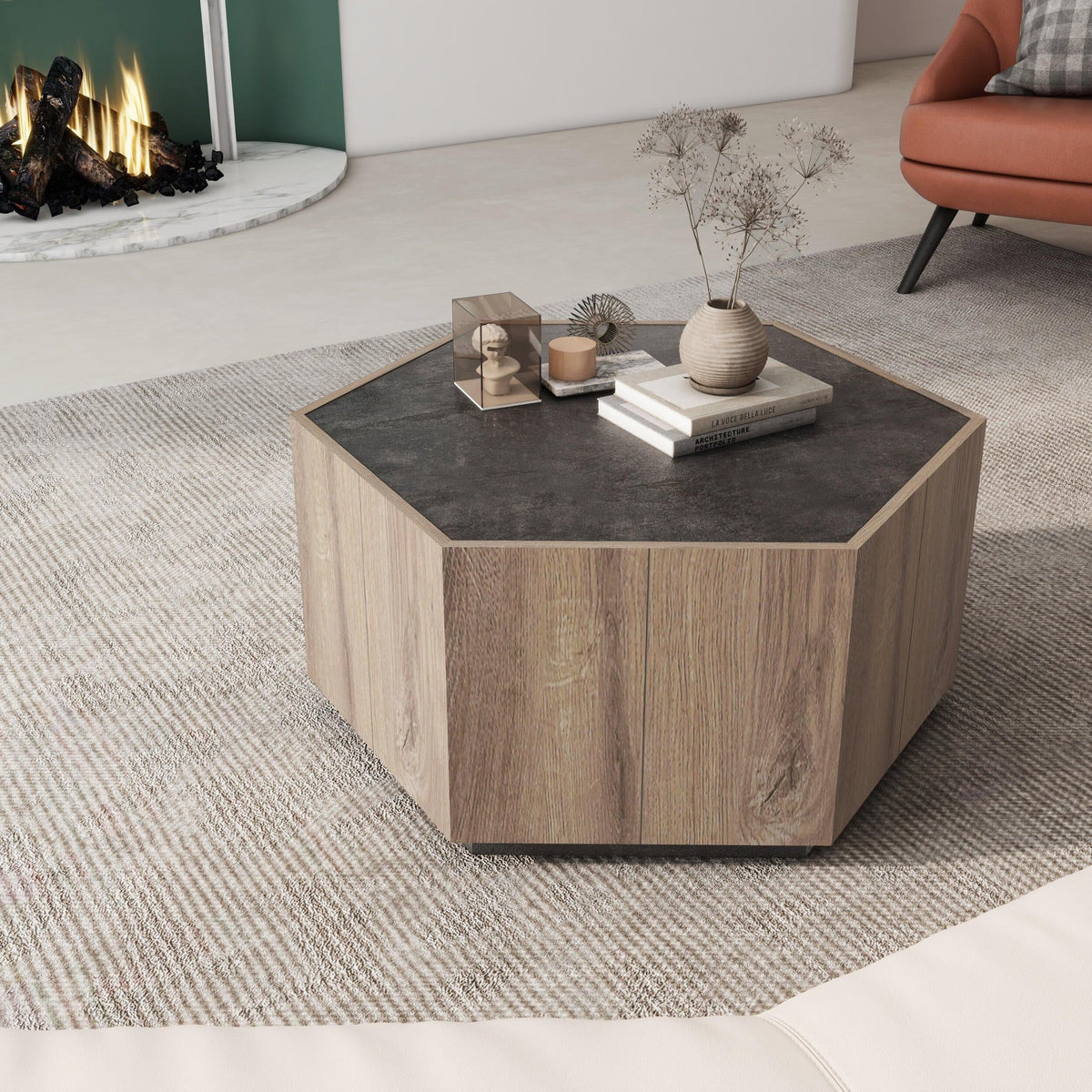 Hexagonal Coffee Table with 2 Drawers, Textured Black Warm Oak R952257