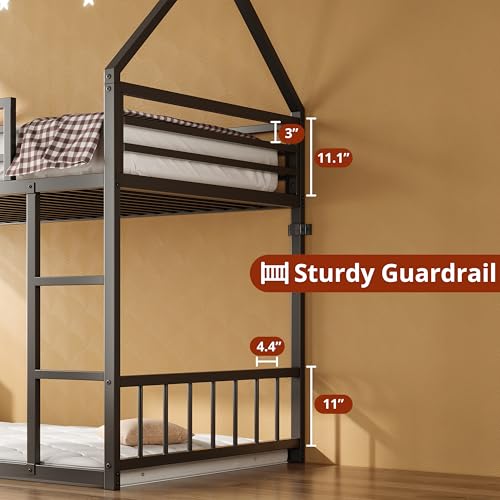 Twin Over Twin Bunk Bed with Ladder and Guardrail Black U403447