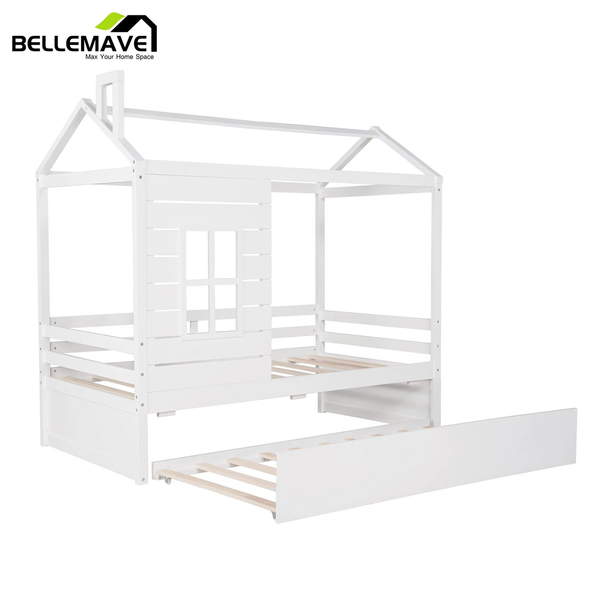White Wood Twin Size House-Shaped Platform Bed with Trundle Q12251