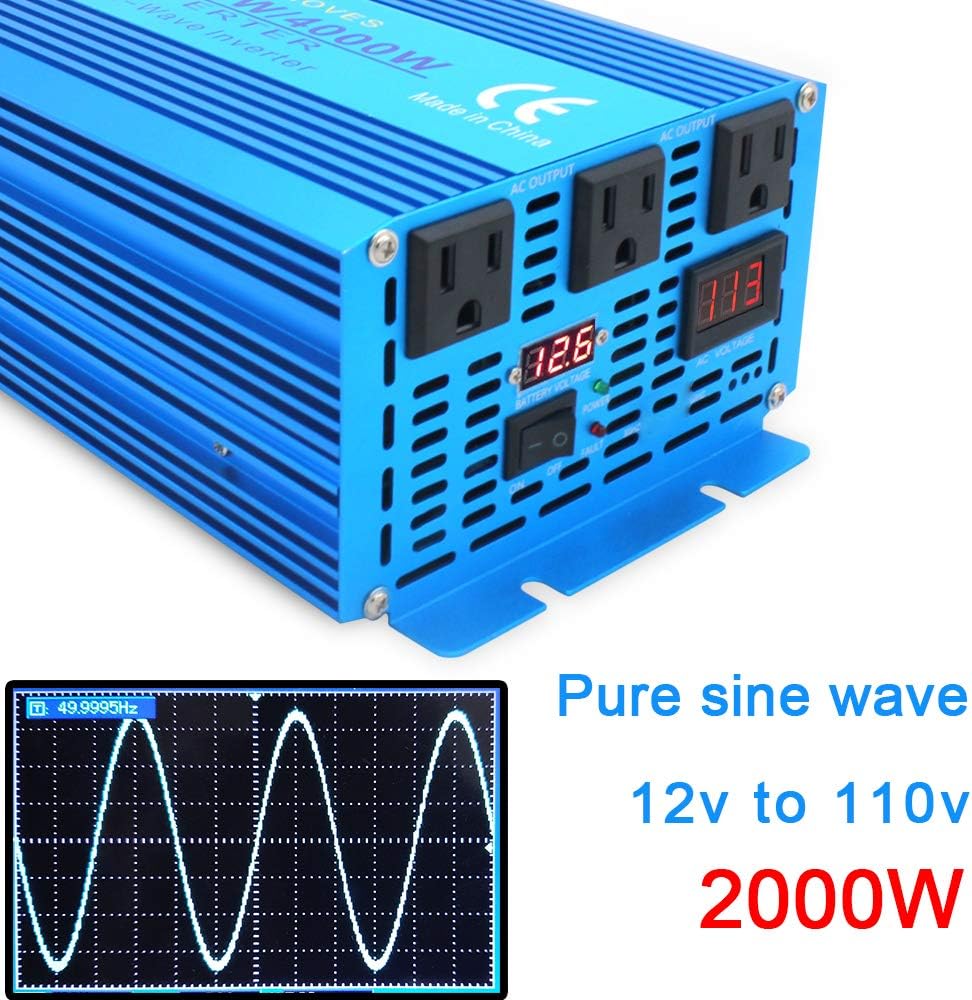 2000W Pure Sine Wave Power Inverter 12V DC to 110V AC with LED Display 3 AC Outlets B32168