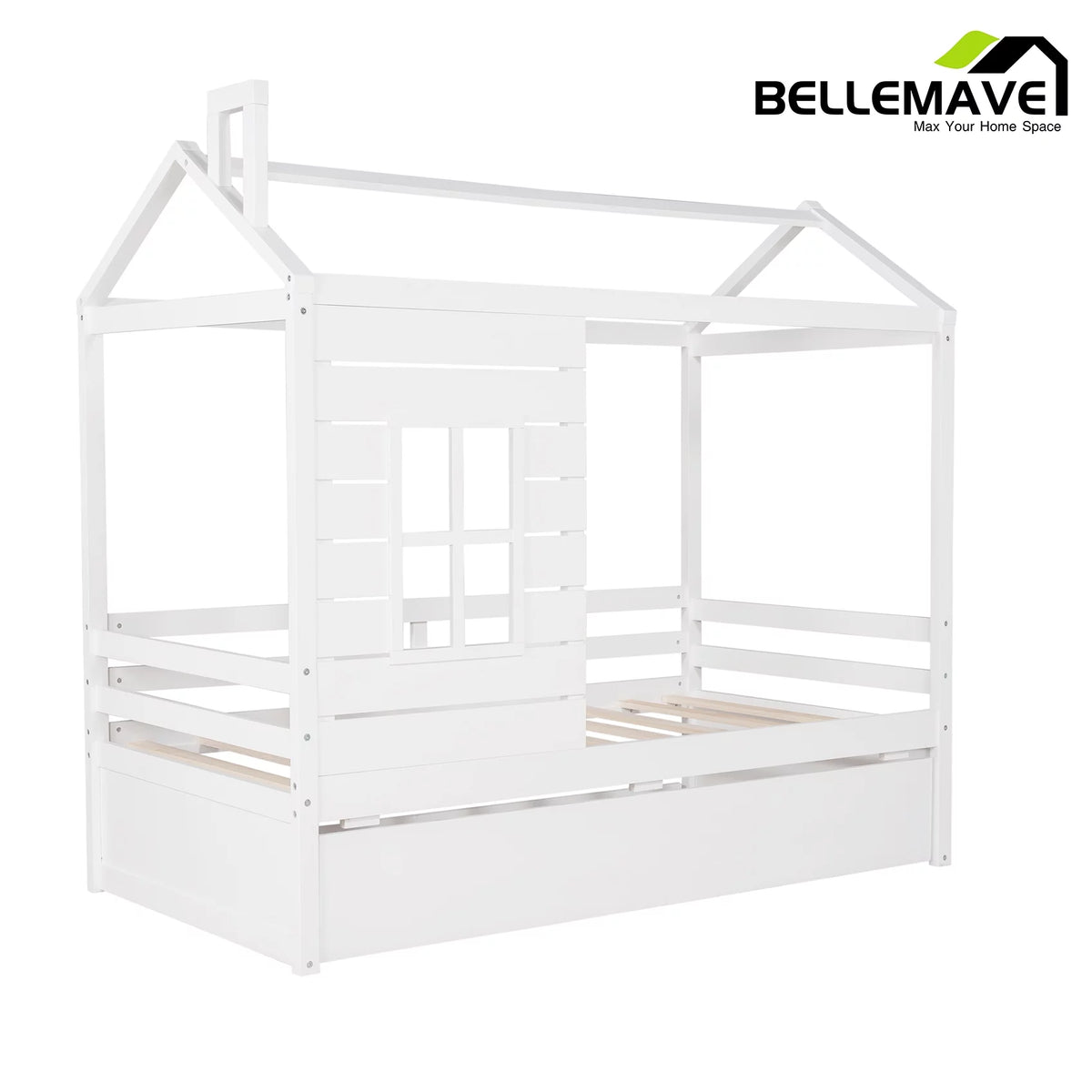 White Wood Twin Size House-Shaped Platform Bed with Trundle Q12251