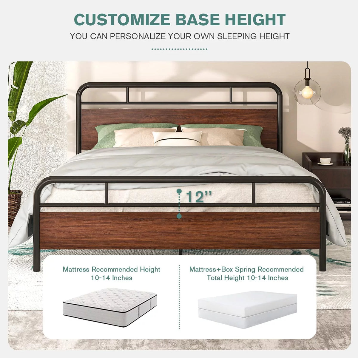 Walnut Queen Size Metal Platform Bed Frame with Wooden Headboard M7338