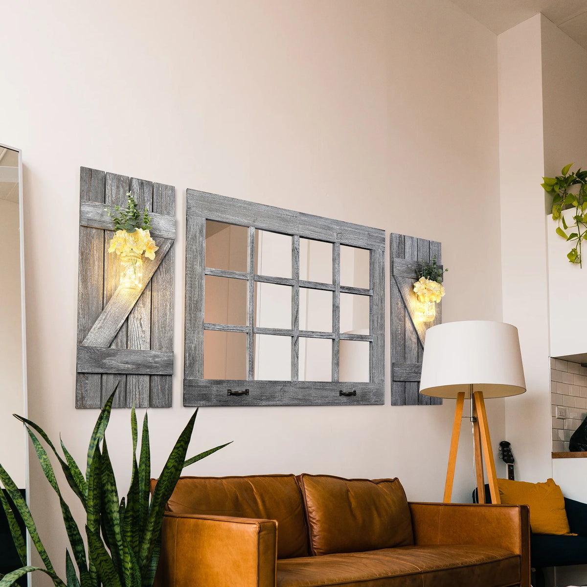 Large Distressed Wood Windowpane Mirror with Shutters Q4459
