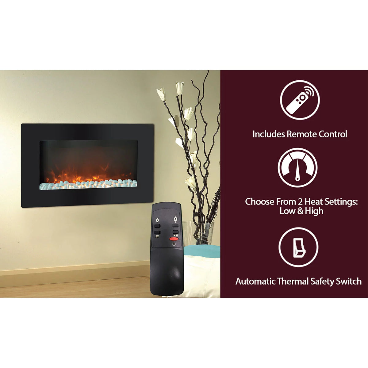 30" Wall-Mount Electronic Fireplace with Flat Panel and Crystal Rocks T6293