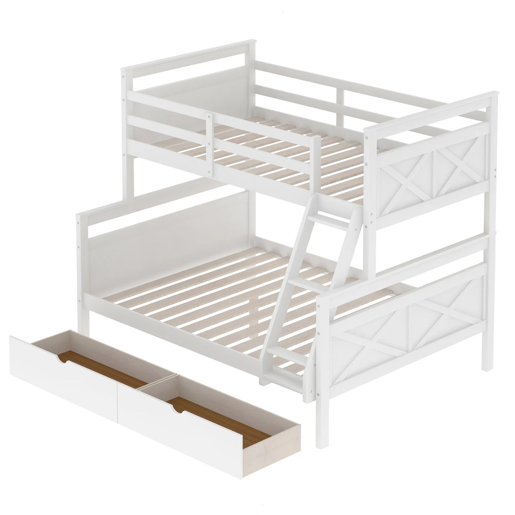White Wood Twin over Full Bunk Bed with Trundle O546