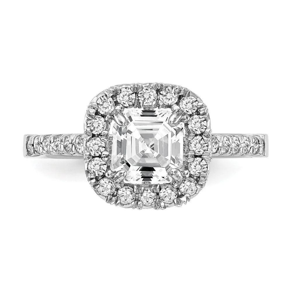 14K White Gold Ring Band Engagement Semi Mount Asscher (4 Prong) Octagon Emerald Diamond, Lab Grown Round, Size 9 A4189